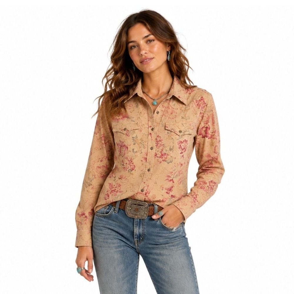 Floral Western Shirt Small Tan Pink 100% Cotton Cottagecore Boho Chaps Denim